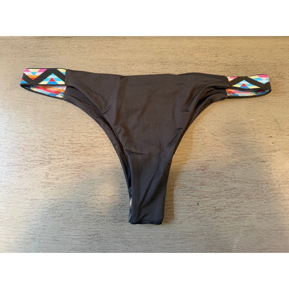 L*Space Itsy Cut Bikini Bottom Black Multi Color Embroidered Straps Large NWOT